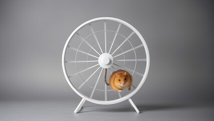 antecedence. Hamster wheel in endless rotation on a plain grey background. wildlife magazines, conservation campaigns, designed for nature documentaries and education, used by health educators.