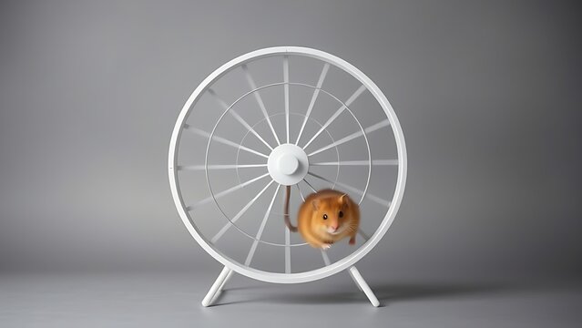 antecedence. Hamster wheel in endless rotation on a plain grey background. wildlife magazines, conservation campaigns, designed for nature documentaries and education, used by health educators.