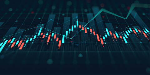 financial chart with uptrend line candlestick graph in stock market on blue color monitor background