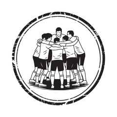 Team huddle inside a distressed circle emblem