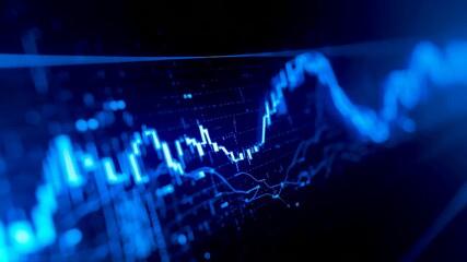 Digital blue financial chart with glowing data points displaying rising market trends and economic analytics on a high-tech trading interface - Powered by Adobe