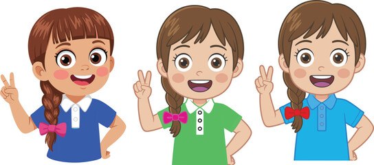 Smiling cartoon girl showing peace sign with hand, cheerful child character with braid and blue shirt, cute happy kid illustration