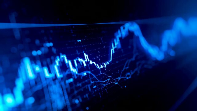 Digital blue financial chart with glowing data points displaying rising market trends and economic analytics on a high-tech trading interface - Powered by Adobe