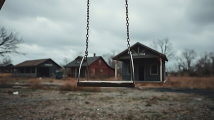 ppa. Empty playground swing moving in abandoned village under overcast sky. lifestyle magazines, social media lookbooks, designed for influencer and brand collaborations.