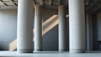 wideangle. Architectural concrete columns with soft light beams in a minimalist space, wide-angle perspective. real-estate listings.
