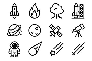 Space Launch Icons. Space Launch linear icon set: rocket, flame, smoke, rocket stand, countdown, planet, moon, satellite, telescope, astronaut, comet, light streak.