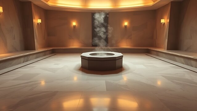 unanimity. Traditional Turkish bath interior with marble floor and central heated stone emitting steam. real-estate listings.