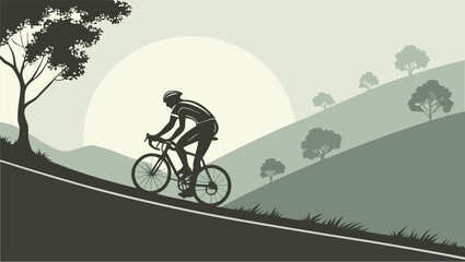 Silhouette of a cyclist riding a bicycle uphill on a scenic road with rolling hills and a large sun