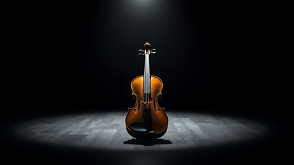 stasis. A single violin on a dark stage under a spotlight, showing wood grain. event programs, museum guides, designed for cultural heritage projects and event programs, supports education.