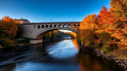 oxbow. Allegheny River flowing under a historic stone bridge with autumn trees and reflections. representing seasonal cycles and harvest abundance.