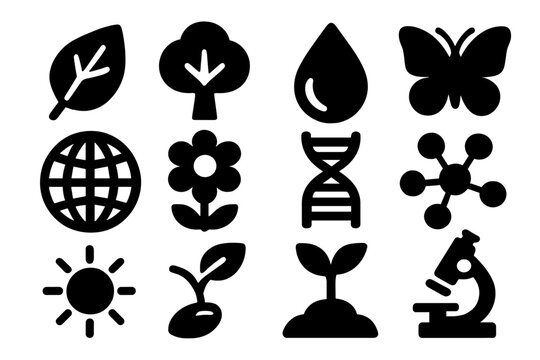 Brutalist Biology Icons. Environmental Biology silhouette icon set: leaf, tree, water droplet, butterfly, globe, flower, DNA strand, molecular model, sun, seed, plant, microscope