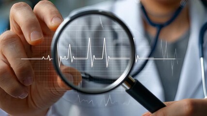 Health professional examines heartbeat with magnifying glass and stethoscope in clinic setting while analyzing patient data on screen - Powered by Adobe