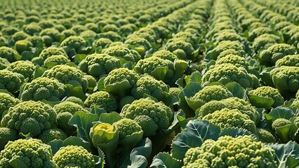 calabrese. Agricultural field of mature Calabrese broccoli with dense green florets under sunlight. public awareness campaigns.