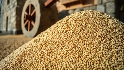 emmer. Heap of hulled emmer grains beside a traditional stone mill. safety posters, maintenance manuals, designed for industrial assembly lines and welding operations.