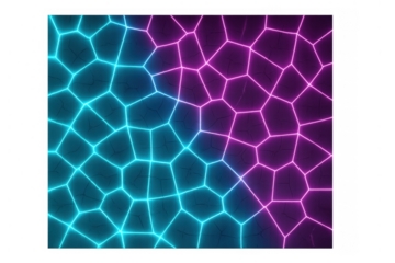 Glowing neon light grid creating a vibrant abstract cellular pattern with blue and pink colors
