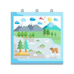 Stylized nature landscape with mountains, trees, and animal figure