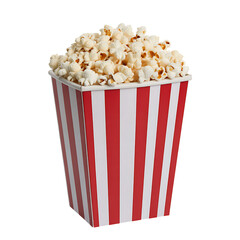 Classic red and white striped popcorn tub overflowing with freshly popped kernels against a black background