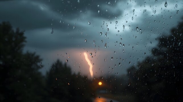 A bright lightning bolt illuminates a dark stormy turbulent sky as seen through a window pane covered with rain drops - Powered by Adobe