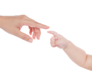 Baby try to touch mother finger on transparent background