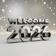 Welcome 2026 chrome letters on festive background