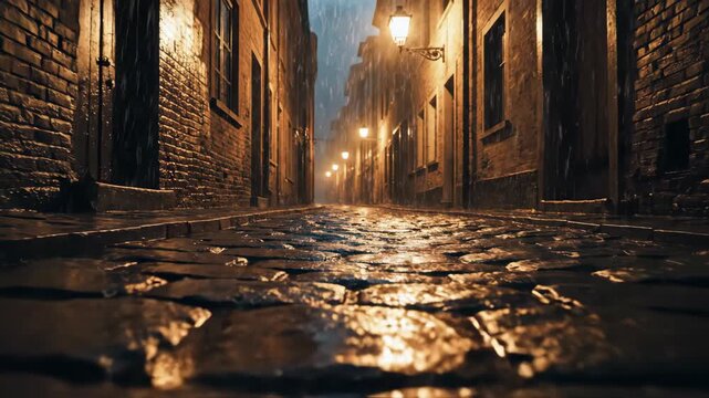 Wet cobblestone street in city alleyway during rainy night