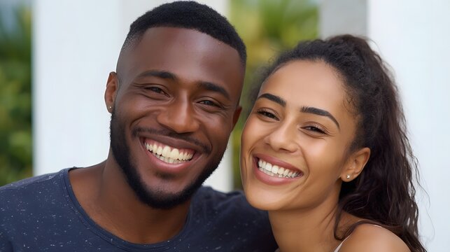 A happy diverse couple shares a genuine smile radiating joy in a bright outdoor setting