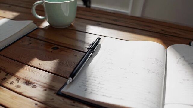 Open journal on wooden table, black pen resting on lined pages, ceramic mug casting morning light and shadow, handwritten notes and scattered planning sketches suggesting creative routine, freelance
