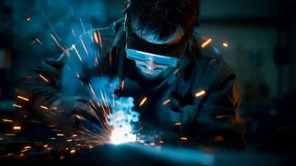 Skilled metalworker welding steel with protective goggles as bright sparks illuminate the workshop in an industrial manufacturing environment