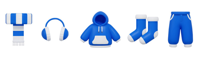 3d set Striped Scarf, fur Headphones, Hoodie, Socks, Pants, icon blue and white colors. Winter clothing. Stock vector illustration on isolated background.