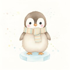 Obraz premium Baby penguin with pastel scarf on ice, cute watercolor winter illustration