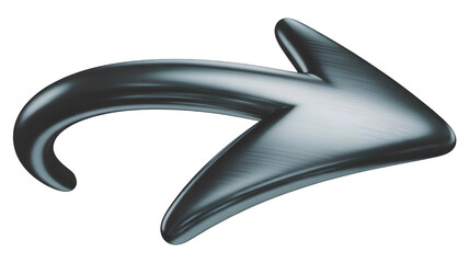 Shiny metallic rightward curved arrow isolated on transparent background