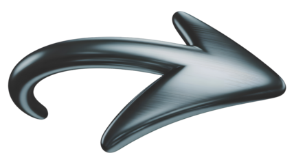 Shiny metallic rightward curved arrow isolated on transparent background