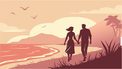 Silhouettes of a couple holding hands walking along a tropical beach at sunset
