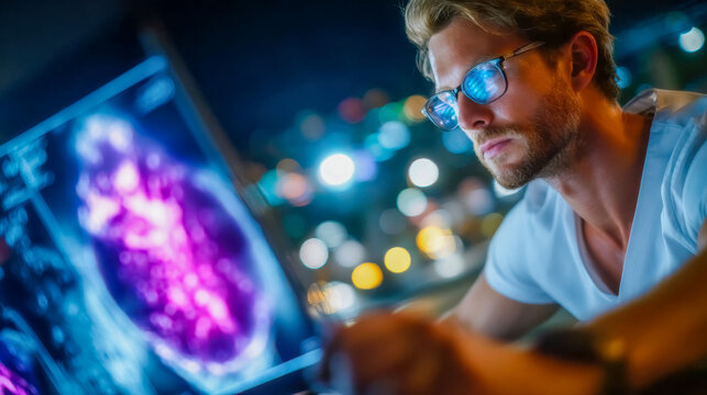 Focused male doctor examining a glowing brain scan on a monitor in a modern lab