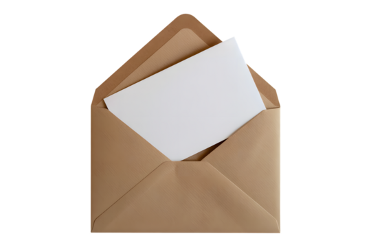 Brown envelope with blank white paper isolated on transparent background