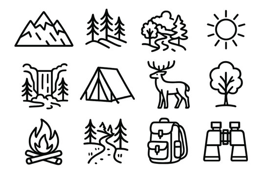 Outdoor Adventure Icons. Wild Nature linear icon set: mountain, forest, river, waterfall, tent, wildlife, tree, sun, campfire, trail, backpack, binoculars. - Powered by Adobe