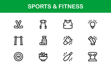 Minimal Sports and Fitness Icon Collection illustrating Workout Apps, Fitness Dashboards, and Gym Tools
