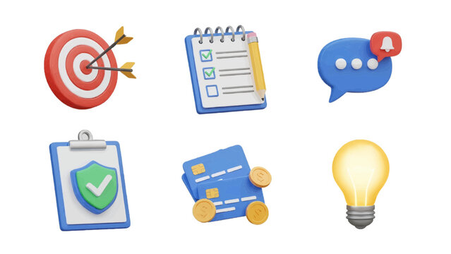 Vector illustration&nbsp;of collection of six 3d icons target, checklist, chat, shield, credit card, and lightbulb