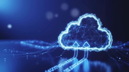A digital cloud with arrows pointing upwards, symbolizing cloud computing and data transfer - Powered by Adobe