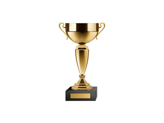 Golden trophy with two handles standing tall on black base isolated on white background vector illustration, elegant prize cup design for competition, victory, success, recognition or achievement.