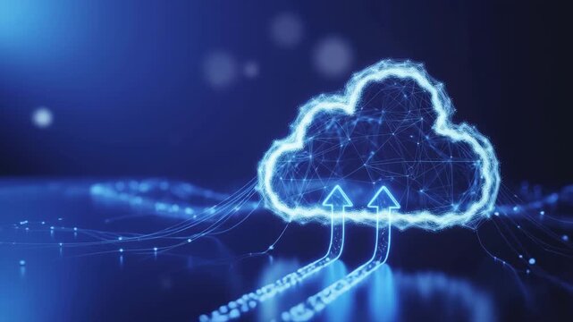 A digital cloud with arrows pointing upwards, symbolizing cloud computing and data transfer