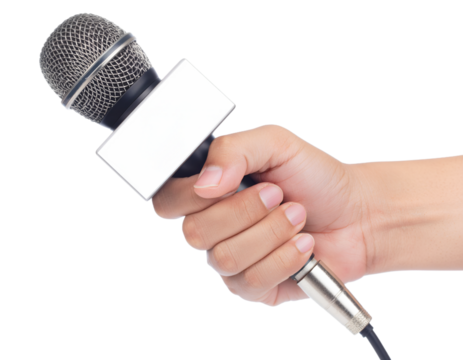 Hand holding a microphone on transparent background 