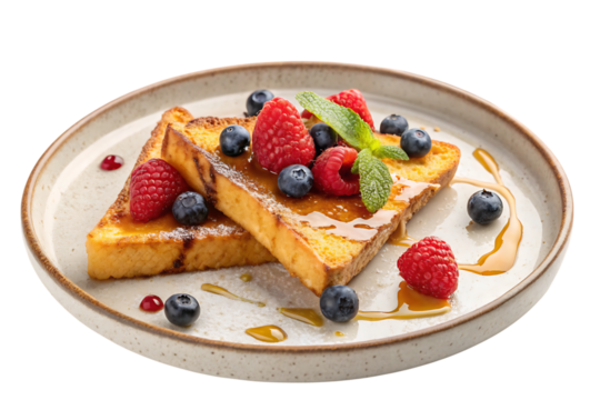 Two slices of golden French toast topped morning perfection