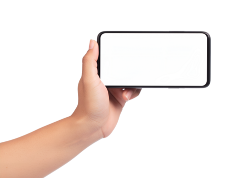 Hands holding a smartphone horizontally with a blank white screen and touching it isolated on transparent background