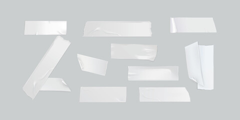 Realistic adhesive tape pieces collection vector illustration isolated on white background, transparent sticky scotch tape mockup set for office, packaging, repair, notes or decoration projects.