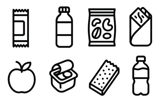 Snack Pack Icons. On-the-go Snacks linear icon set: energy bar, bottled juice, trail mix, sandwich wrap, fruit, snack pack, granola bar, water bottle.