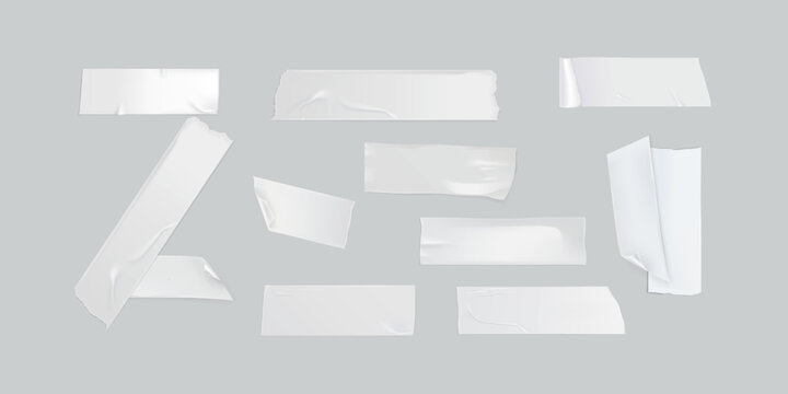 Realistic adhesive tape pieces collection vector illustration isolated on white background, transparent sticky scotch tape mockup set for office, packaging, repair, notes or decoration projects.