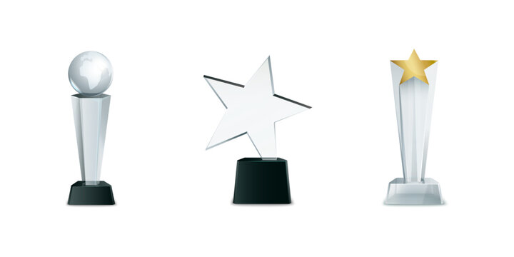 Set of glass award trophy vector illustration with transparent design, golden laurel branches, prize template concept for winner recognition, achievement, competition, victory or ceremony.