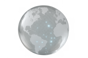 Globe with glowing blue connections showing global communication and transparent glass earth network technology