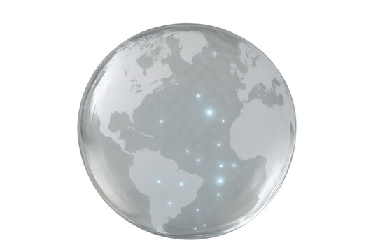 Globe with glowing blue connections showing global communication and transparent glass earth network technology